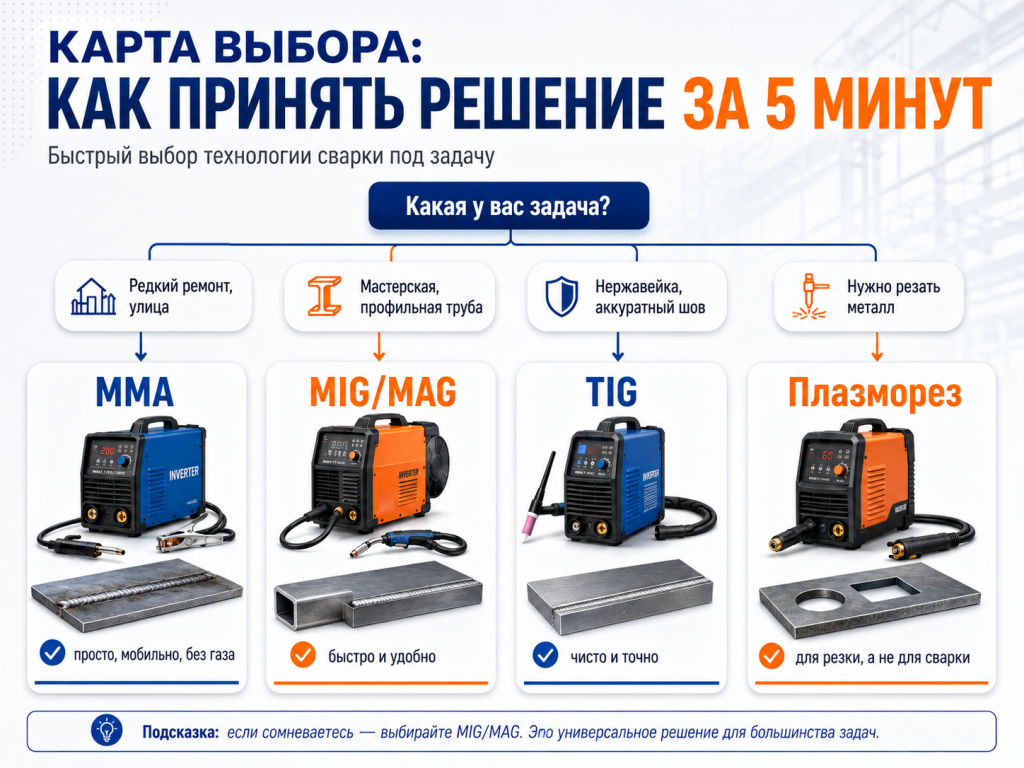 Карта выбора сварочного оборудования MMA MIG MAG TIG и плазмореза по задаче Карта выбора сварочного оборудования MMA MIG MAG TIG и плазмореза по задаче